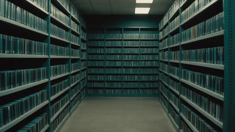 Rows of video tape archives in a broadcast storage facility